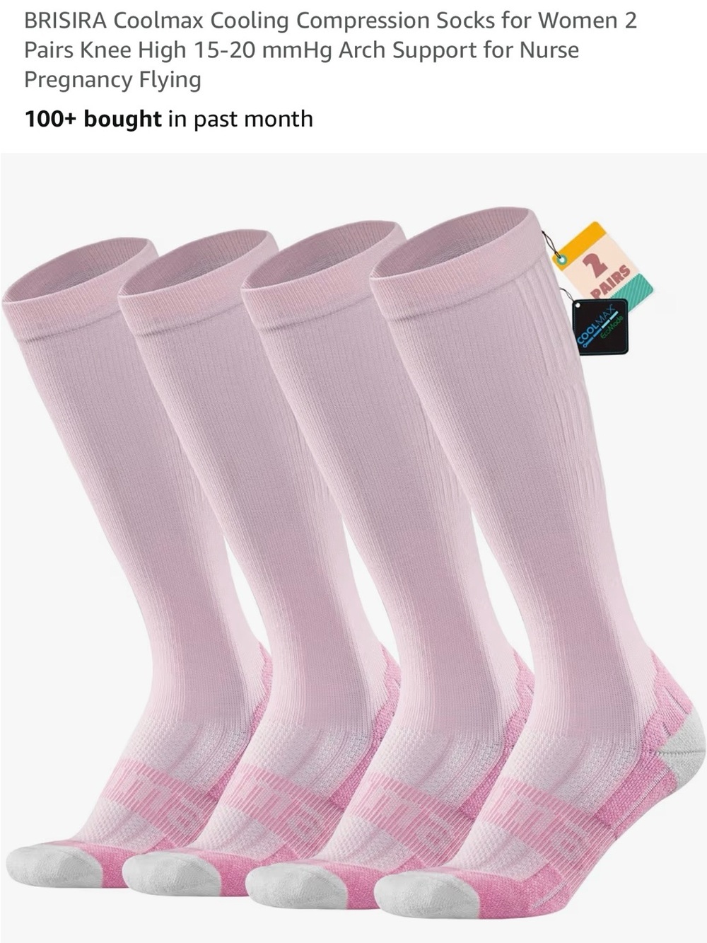 BRISIRA Coolmax Cooling Compression Socks for Women 2 Pairs Knee High 15-20 mmHg